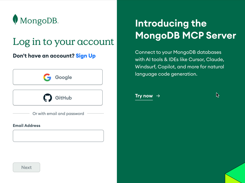 MongoDB Atlas login screen